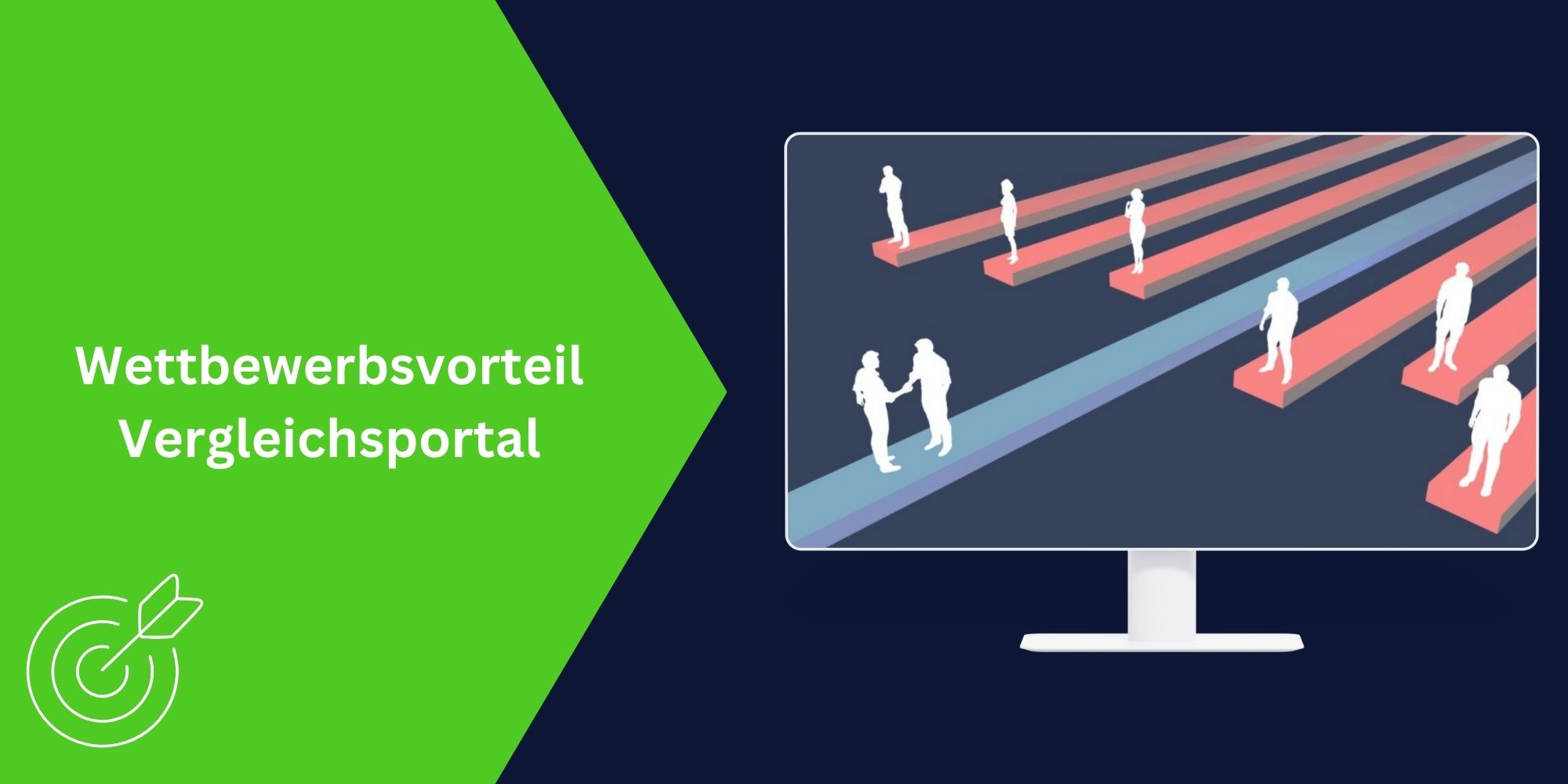 Grafik: Symbolische Darstellung von Wettbewerbsvorteil durch Vergleichsportale – mehrere Personen stehen auf roten Bahnen, zwei Personen geben sich auf einer blauen Bahn die Hand. Links daneben der Schriftzug „Wettbewerbsvorteil Vergleichsportal“.