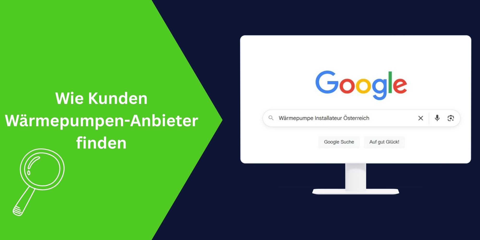 Ein Computer-Bildschirm zeigt eine Google-Suche. Im Suchfeld steht: Wärmepumpe Installateur Österreich